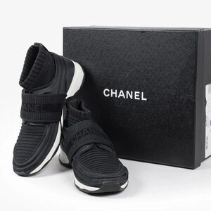 CHANEL BLACK STRETCHY FABRIC CC LOGO SOCK SNEAKERS UNISEX  SHOES EU43 US10